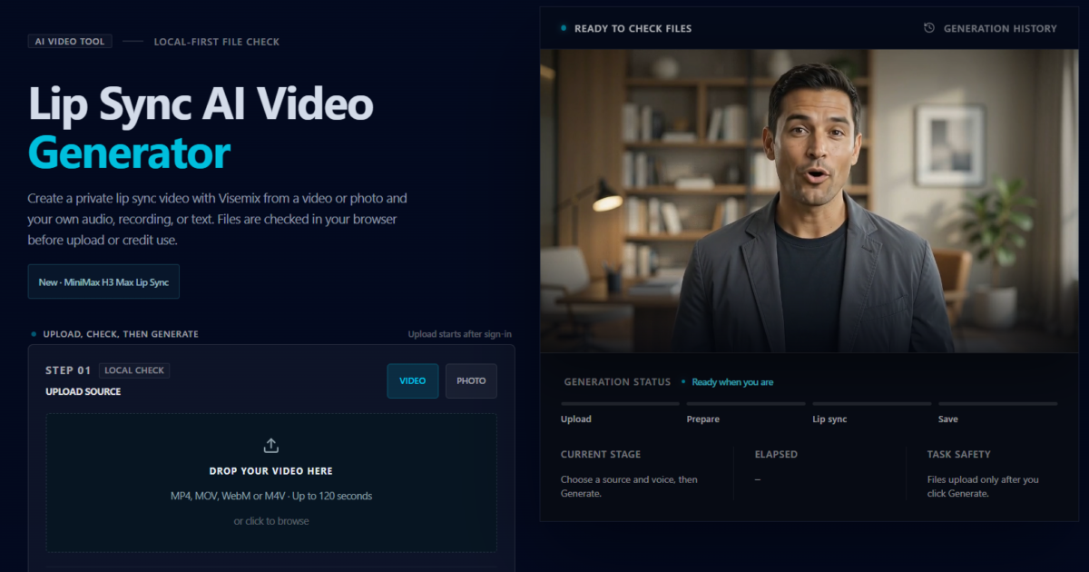 Visemix creates private AI lip sync videos. Users can upload a video or photo, add audio or text, check files locally, and generate a naturally synced result for creative video workflows.